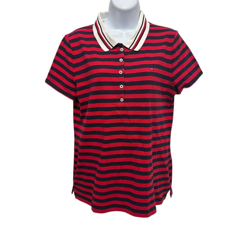 Tommy Hilfiger Womens Red Navy Striped Short Sleeve Polo Shirt Large TJTATK694